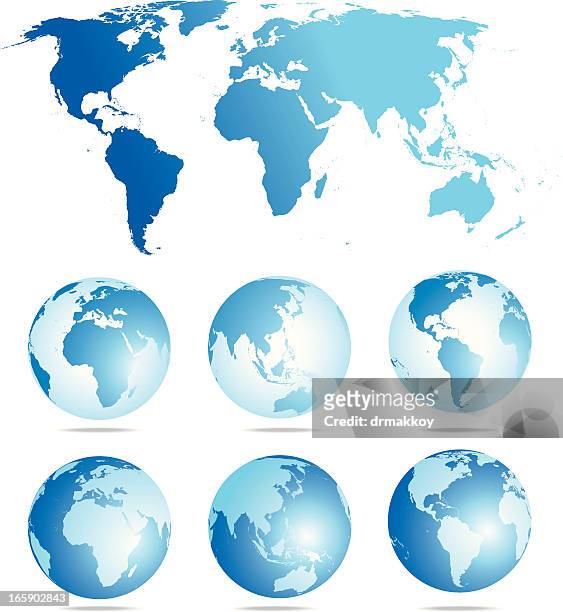 flat world map and six globe showing different angles - pacific ocean stock illustrations