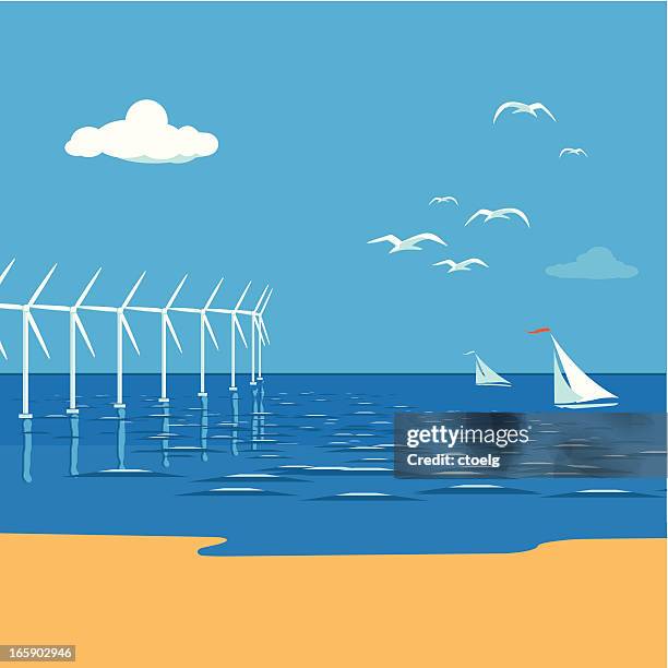 offshore wind farm - wind farm sea stock illustrations