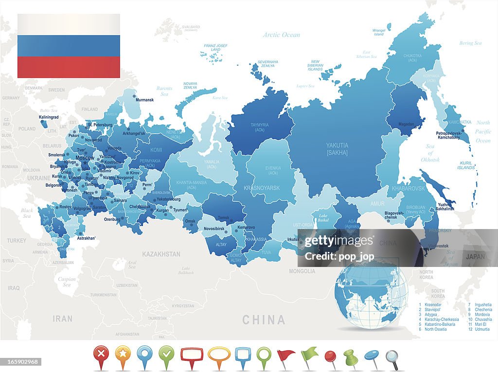 Carte de la Russie-membres, villes, drapeau, icônes de navigation