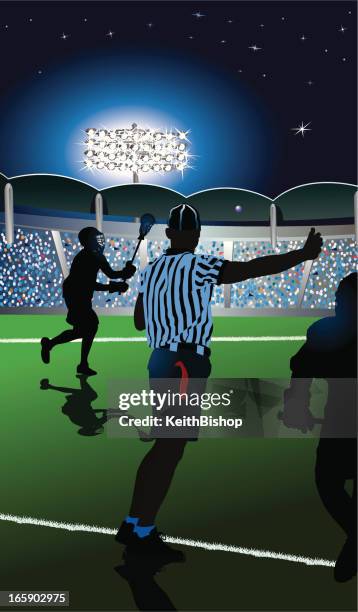 lacrosse players and referee under stadium lights - referee stock illustrations
