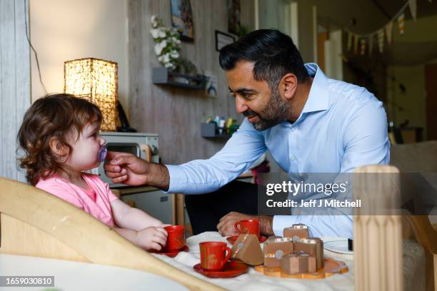 First Minister of Scotland Humza Yousaf meets with children during a visit to Rowantree Primary School Early Years Service on September 04, 2023 in...