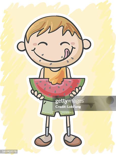 kleine junge essen ein stück wasser-melone - boy funny face stock-grafiken, -clipart, -cartoons und -symbole