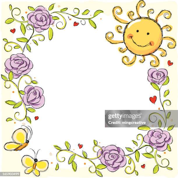 summer sunshine rose garden frame - smiley face background stock illustrations