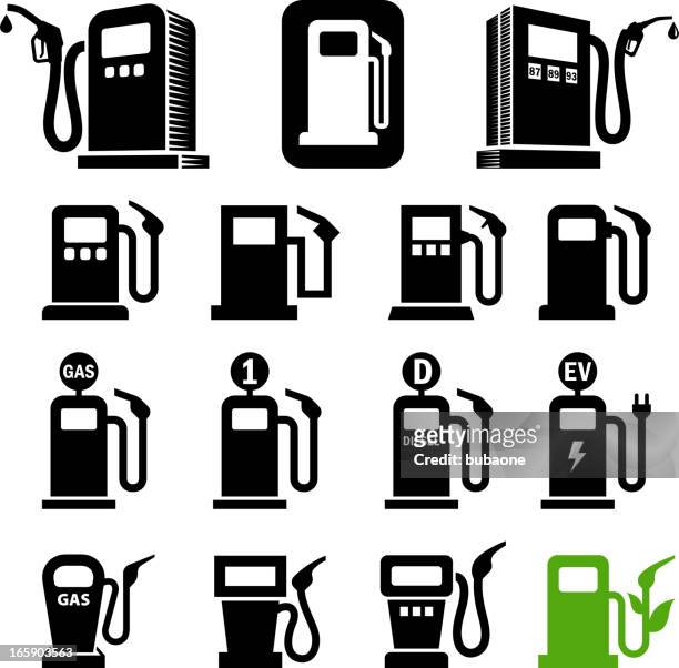 gas station fuel pump black and white vector icon set - diesel fuel stock illustrations