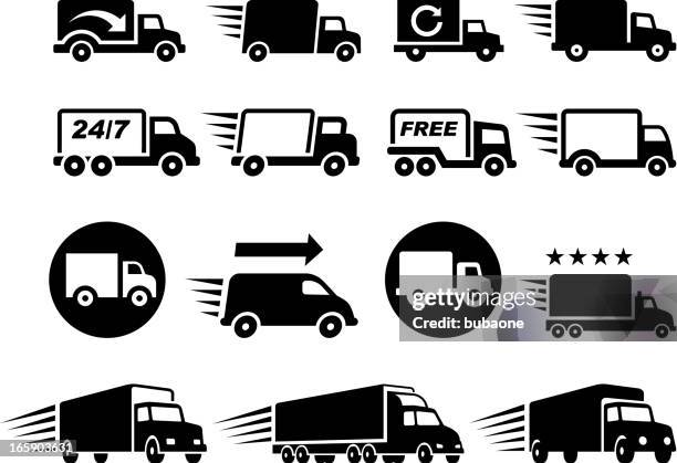 ilustraciones, imágenes clip art, dibujos animados e iconos de stock de de los camiones de entrega negro y blanco vector icono conjunto - autopista interestatal