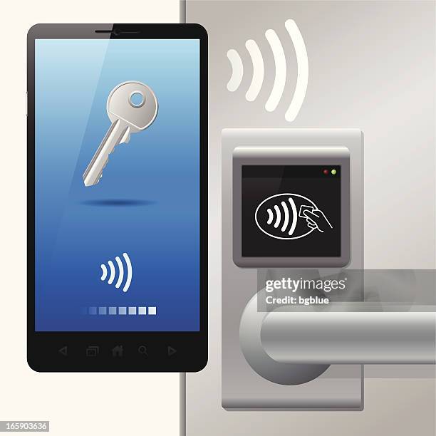 contactless technology with door, bluetooth, nfc (near field communication) - open fields stock illustrations