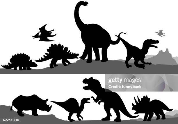 ilustraciones, imágenes clip art, dibujos animados e iconos de stock de siluetas de dinosaurio - velociraptor
