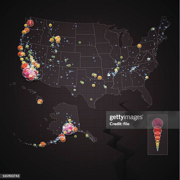 illustrazioni stock, clip art, cartoni animati e icone di tendenza di terremoto mappa di stati uniti d'america - alaska stato usa