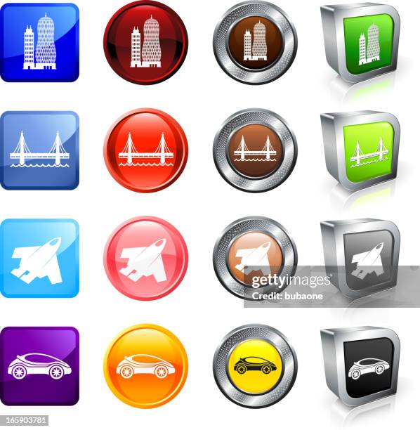 structural and engineering innovation royalty free vector button set - blue car on green bridge stock illustrations