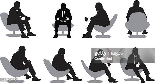 mehrere bilder von einem geschäftsmann auf einem stuhl sitzend - looking away stock-grafiken, -clipart, -cartoons und -symbole