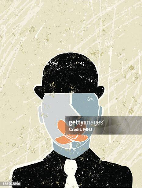 ilustrações, clipart, desenhos animados e ícones de homem de negócios com a boca de gesso manter - informante papel humano