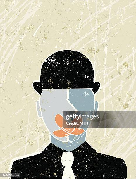 business man with sticking plaster over his mouth - whistle blower stock illustrations
