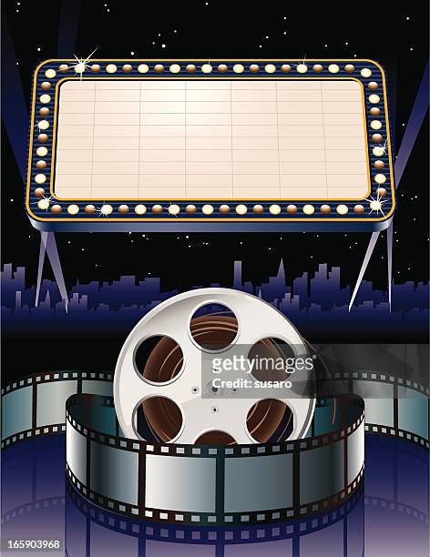 movie marquee with film reel - ticket counter stock illustrations