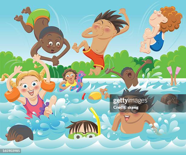 illustrazioni stock, clip art, cartoni animati e icone di tendenza di bagno per bambini - piscina pubblica all'aperto