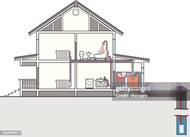 scheme of heating and water heat pump. cutaway of house - cutaway drawing stock illustrations