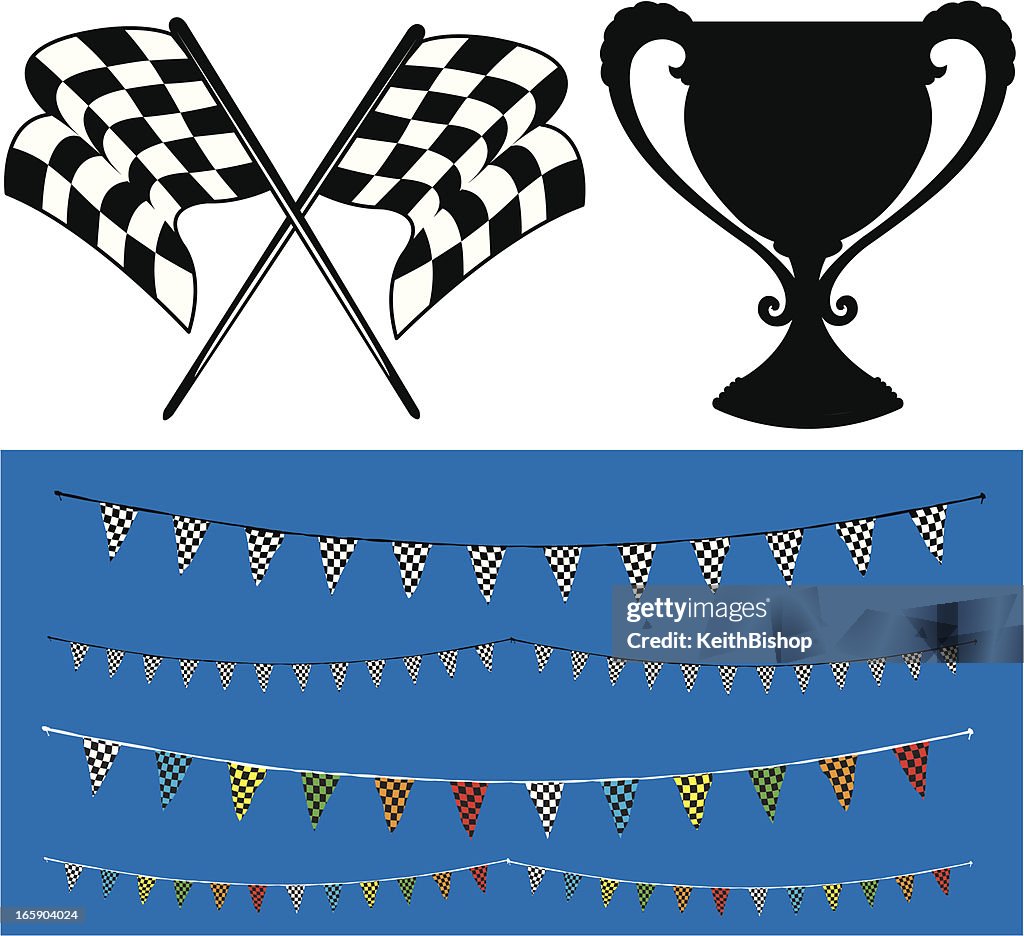Race Checkered Flag, Trophy and Bunting