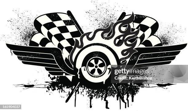 ilustrações, clipart, desenhos animados e ícones de carro de corrida da grunge com bandeiras quadriculada - stock car racing