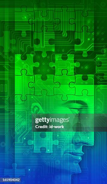 jigsaw head - man thinking at computer stock illustrations