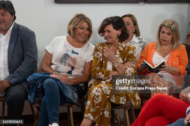 Senator Susana Diaz , with the deputy, Carmen Calvo at the meeting of the interparliamentary PSOE of Andalusia, on September 4, 2023 in Seville .The...