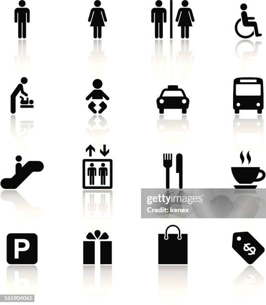 ilustrações, clipart, desenhos animados e ícones de conjunto de ícones pretos & branco/shopping mall - acesso para deficientes