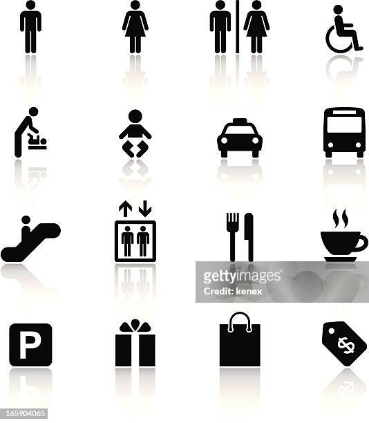 black & white icons set | shopping mall - bus station stock illustrations