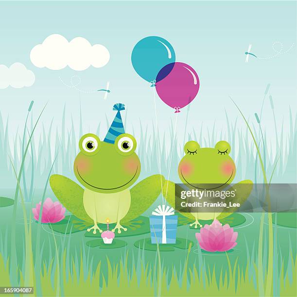 froggy birthday - kids at river stock illustrations