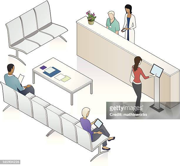 ilustraciones, imágenes clip art, dibujos animados e iconos de stock de paciente en área de espera medio - digital kiosk