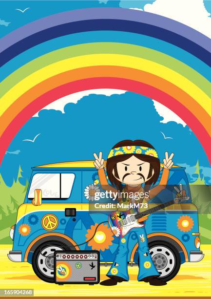 stockillustraties, clipart, cartoons en iconen met hippie boy with guitar & camper van scene - beatnik