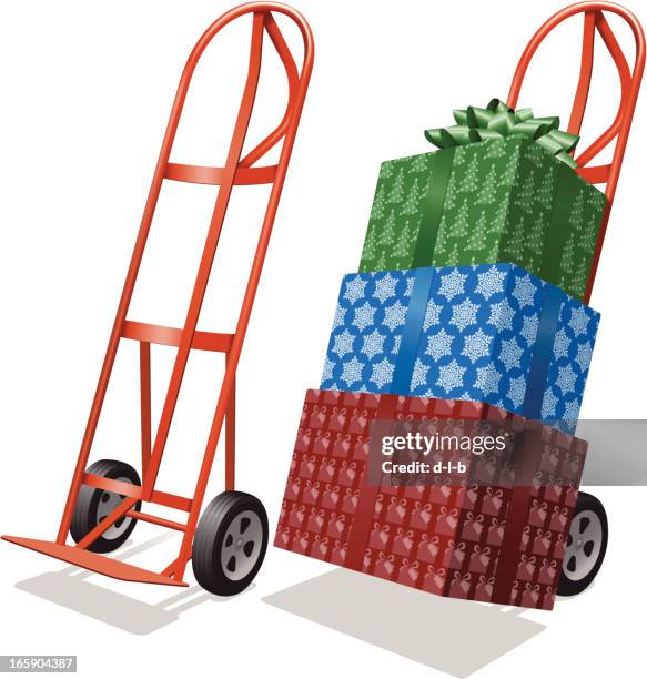 christmas presents on a shipping hand truck - moving dolly white background stock illustrations