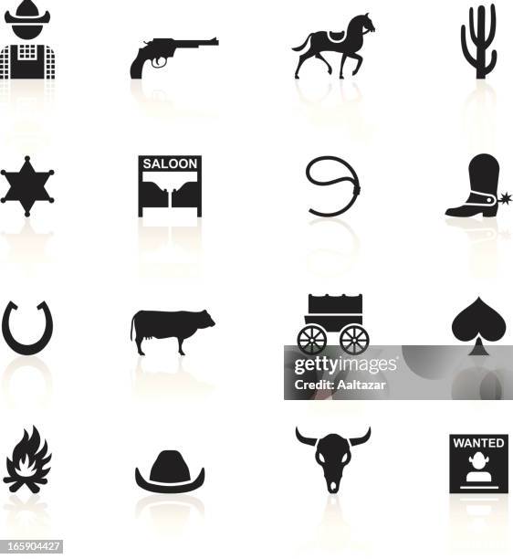 schwarze symbole-wild west & cowboys - pistolenschießen stock-grafiken, -clipart, -cartoons und -symbole