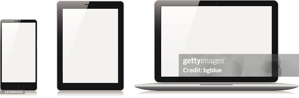 Mobile phone, tablet and laptop with blank screens