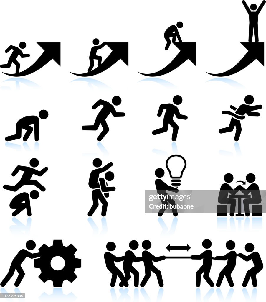 Business challenges Teamwork and achievement black & white icon set