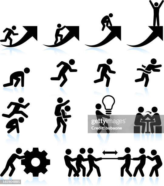 business challenges teamwork and achievement black & white icon set - stick figure stock illustrations