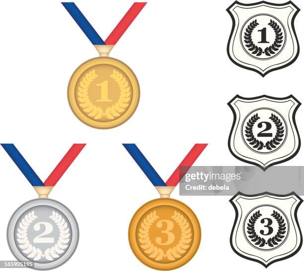 medals and shilds - first second third place stock illustrations