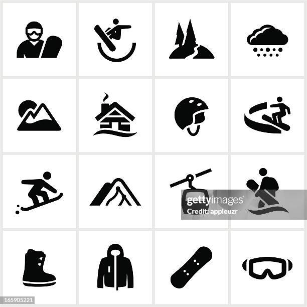 ilustraciones, imágenes clip art, dibujos animados e iconos de stock de iconos negros de snowboard - snowboard