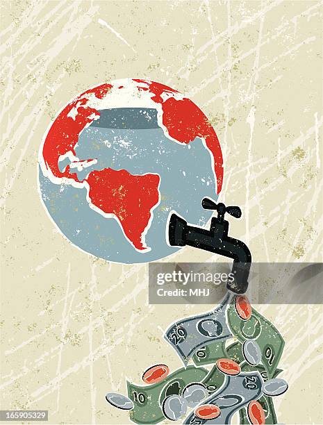 world globe with faucet leaking money - climate change money stock illustrations