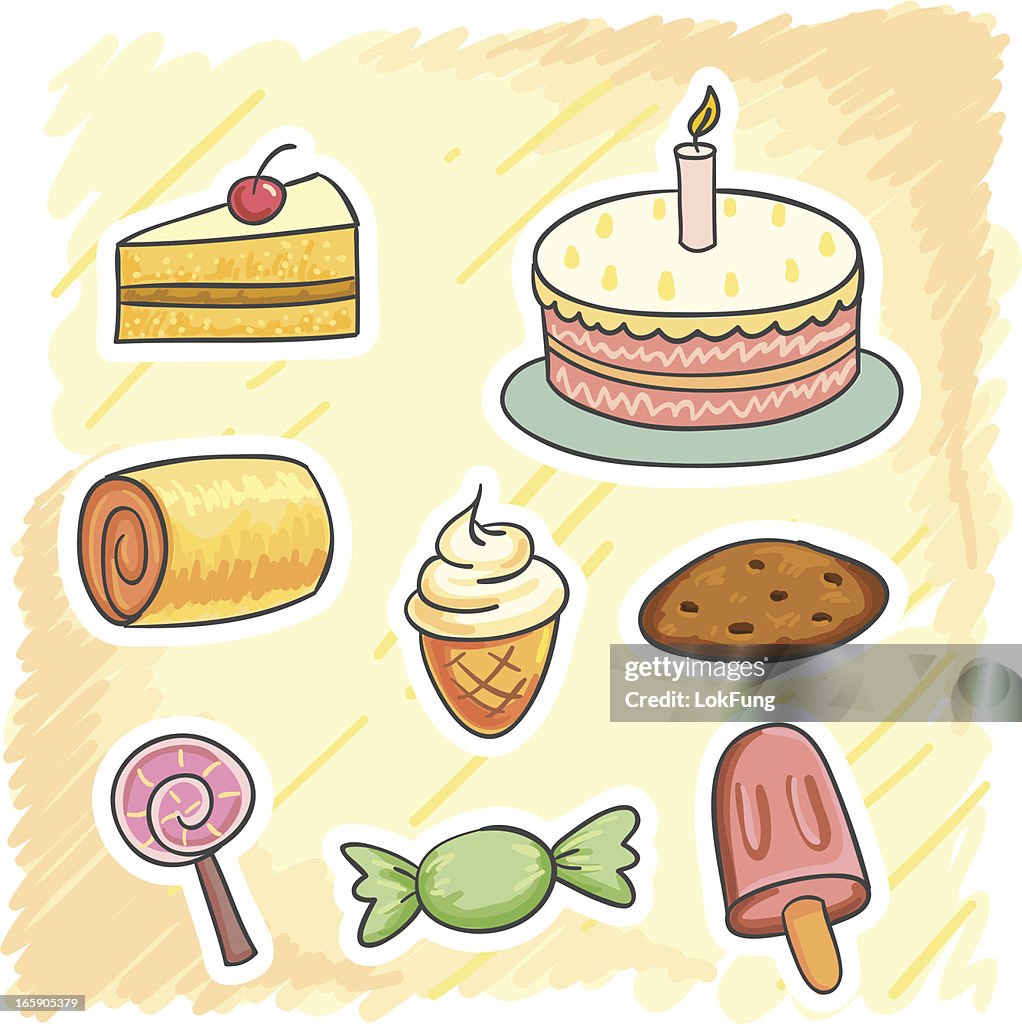 Pasteles Y Dulces De Estilo De Dibujos Animados Ilustración de stock -  Getty Images