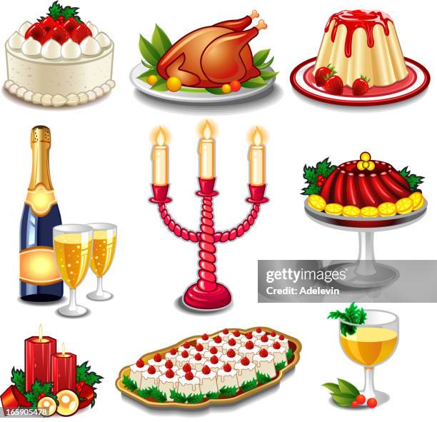 ilustraciones, imágenes clip art, dibujos animados e iconos de stock de navidad de alimentos - banquete navidad