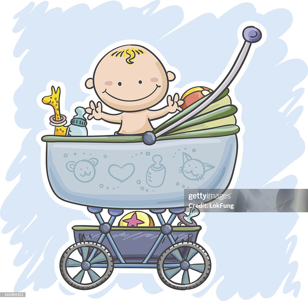 Baby boy sitting inside his stroller