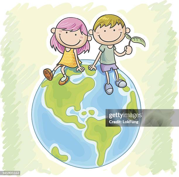 stockillustraties, clipart, cartoons en iconen met little girl and boy sitting on the globe - child globe