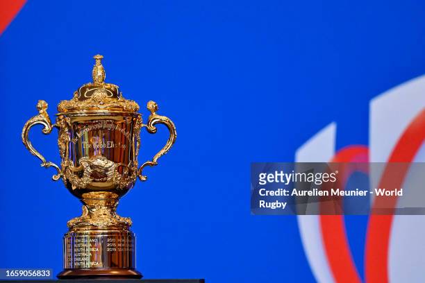 View of the Webb Ellis Cup during the Tournament Opening Press Conference of Rugby World Cup 2023 at Roland Garros on September 04, 2023 in Paris,...