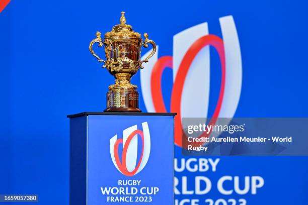 View of the Webb Ellis Cup during the Tournament Opening Press Conference of Rugby World Cup 2023 at Roland Garros on September 04, 2023 in Paris,...