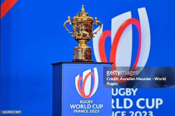 View of the Webb Ellis Cup during the Tournament Opening Press Conference of Rugby World Cup 2023 at Roland Garros on September 04, 2023 in Paris,...