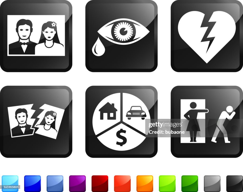 Six, black square stickers with divorce themed pictures. 