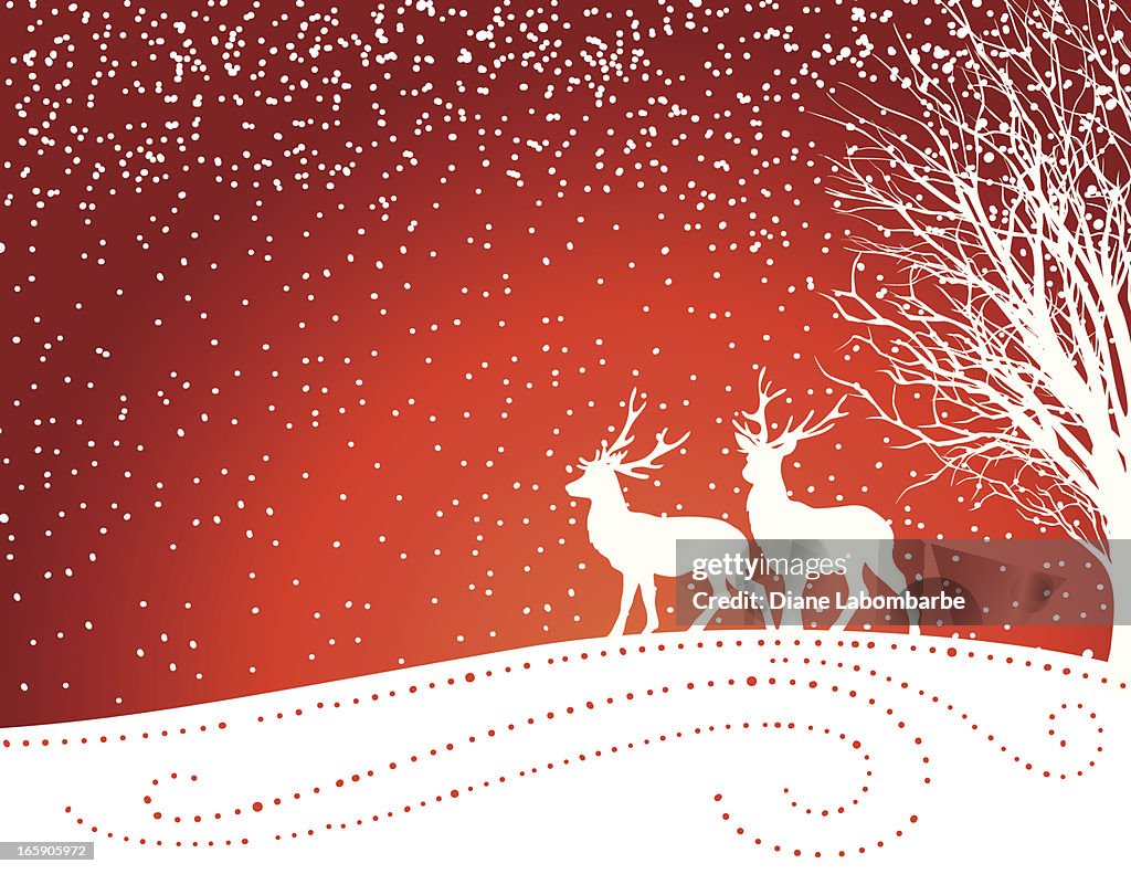 Red Background With Snowflakes And Reindeer