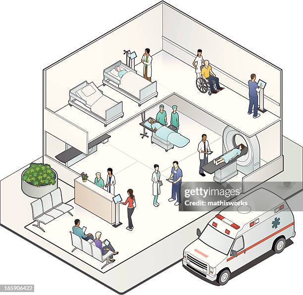 ilustraciones, imágenes clip art, dibujos animados e iconos de stock de isométricos hospital de unión (cutaway) - sección hospitalaria