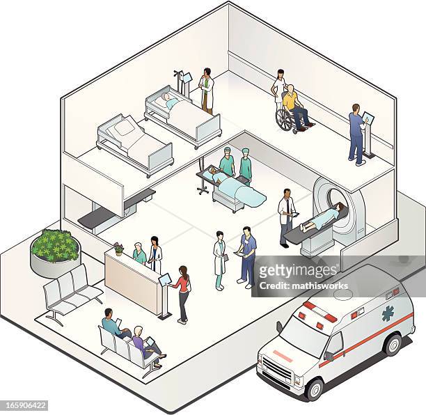 isometric hospital cutaway - waiting room clinic stock illustrations