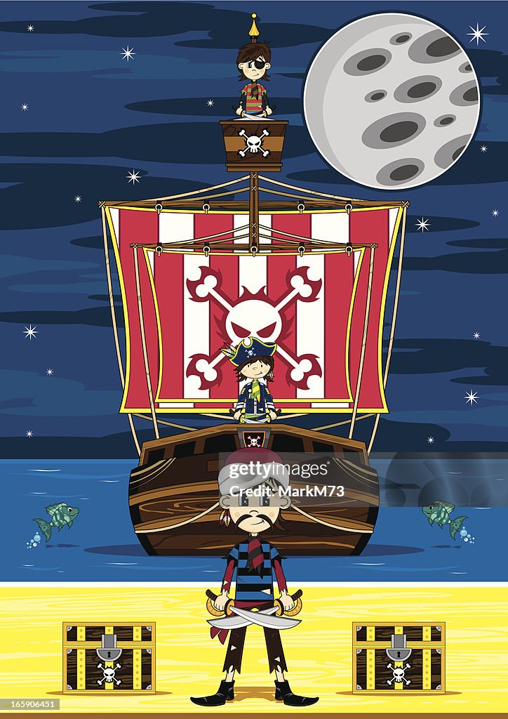 Cute Turban Pirate and Ship Beach Scene