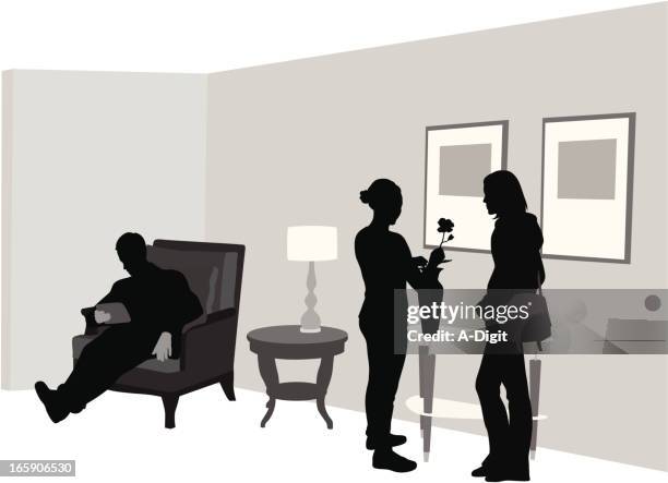at home vector silhouette - couple reading tablet stock illustrations