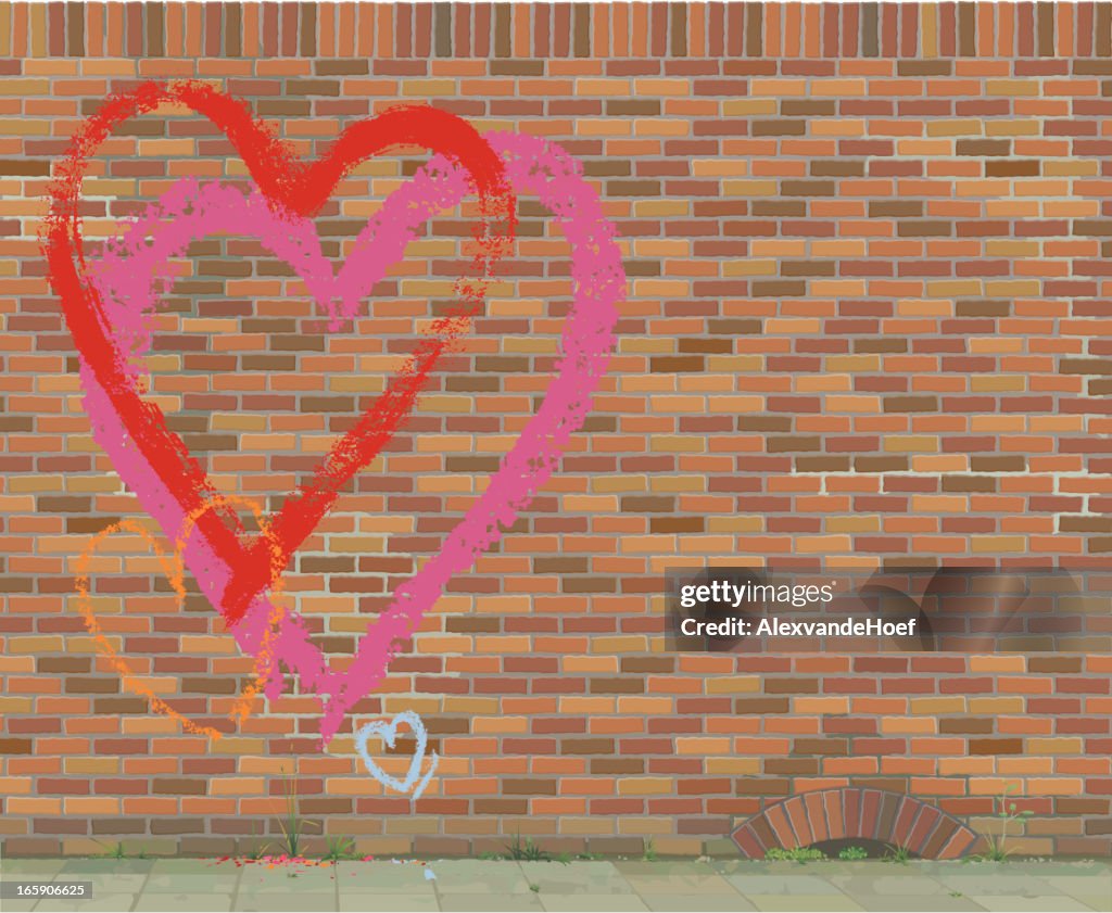 Painted Hearts on Brick Wall